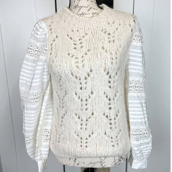 Sea Ellie Lace Combo Wool and Alpaca Blend Knit Sweater in Cream Size Small - Picture 8 of 13